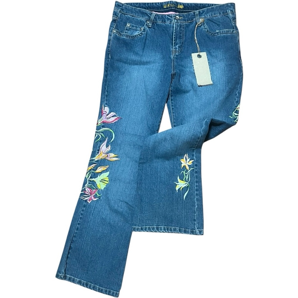 Floral Embroidered flowers Straight Leg Jeans size 16 stretch NWT pink green